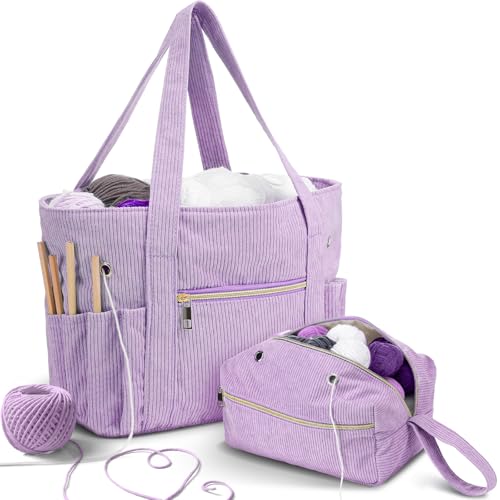 Bulyoou 2 Pcs Crochet Bag and Tote Set Corduroy Yarn Bag Crochet Tote Bag for Crochet Hooks Organizer Yarn Holder for Crochet Lovers Knitting Bag Crochet AccessoriesPurple - Image 1