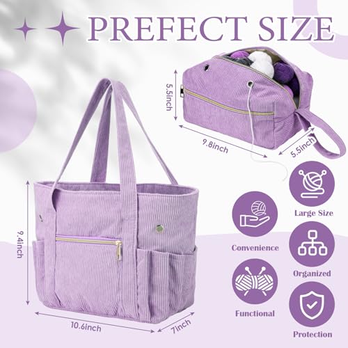 Bulyoou 2 Pcs Crochet Bag and Tote Set Corduroy Yarn Bag Crochet Tote Bag for Crochet Hooks Organizer Yarn Holder for Crochet Lovers Knitting Bag Crochet AccessoriesPurple - Image 3