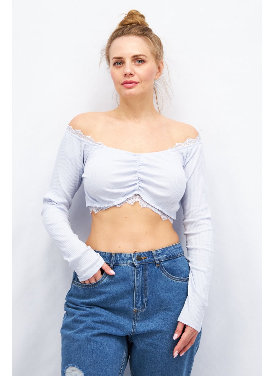 SkyLar Rose Women V-Neck Long Sleeves Textured Blouse, Light Blue  - Image 1