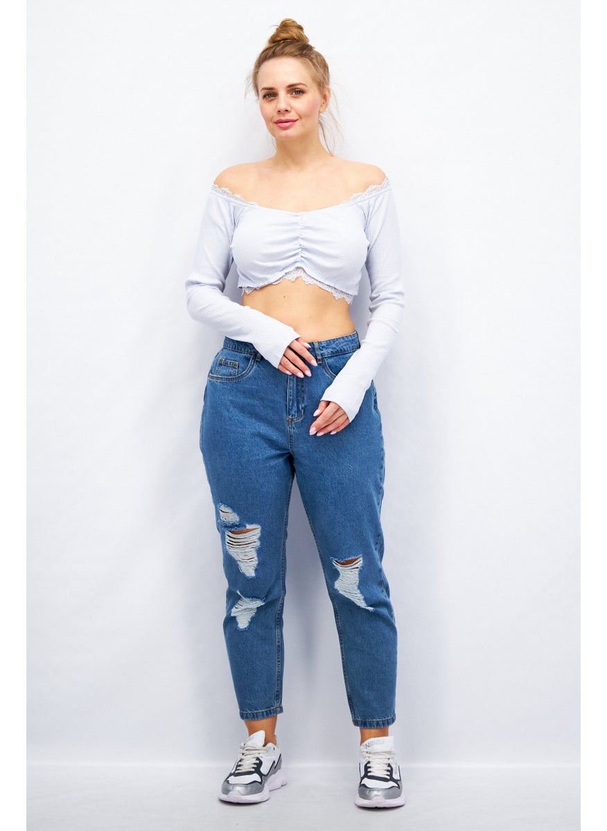 SkyLar Rose Women V-Neck Long Sleeves Textured Blouse, Light Blue  - Image 4