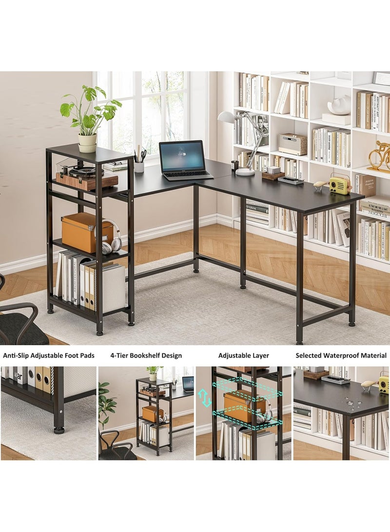 زويهاو مكتب ألعاب على شكل حرف L مع أرفف تخزين للكتب، مكتب كمبيوتر قابل للعكس، مكتب عمل طويل أسود - Image 4