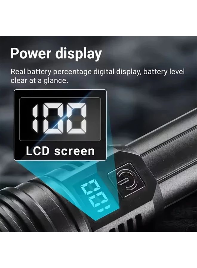 مصباح يدوي تكتيكي أسود 1000000 لومن بشاشة رقمية وتكبير 70x وشحن عبر USB-C - Image 2