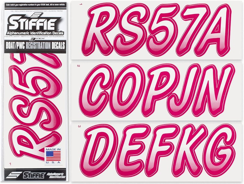 Stiffie Whipline White/Berry 3" Boat & PWC Registration Decals • Numbers Letters Stickers - Image 1