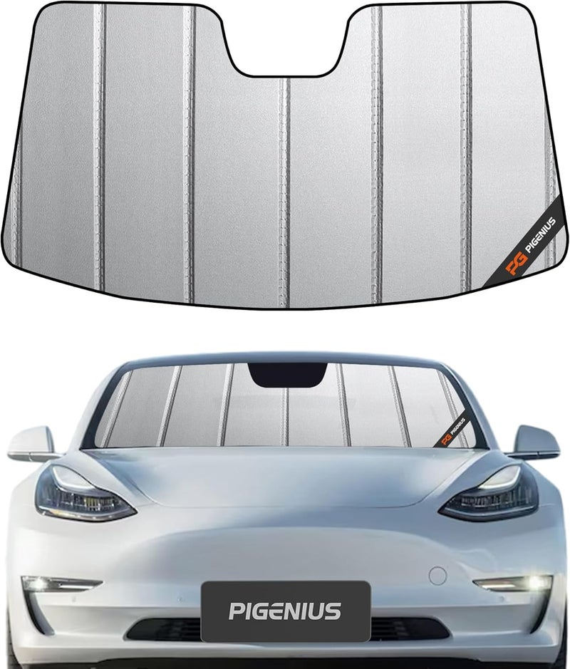 Pigenius Windshield Sun Shade for Tesla Model 3 (2018-2021) - Custom Fit Folding Sunshade - Grey - Image 1