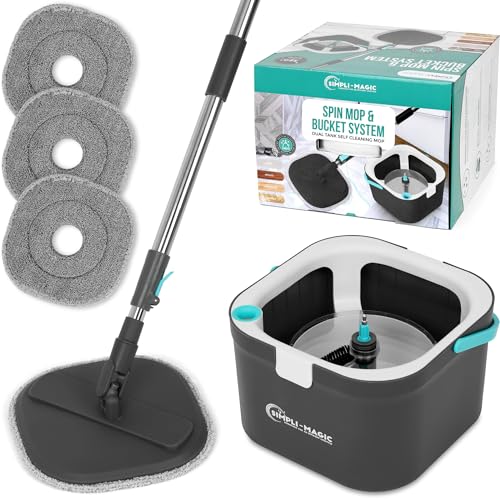 Simpli-Magic SIMPLIMagic 360 Square Spin Mop and Bucket System Dual Compartment Separate Clean Dirty Water 3 HighAbsorbent Microfiber Washable Heads All Types Floor Cleaning - Image 2