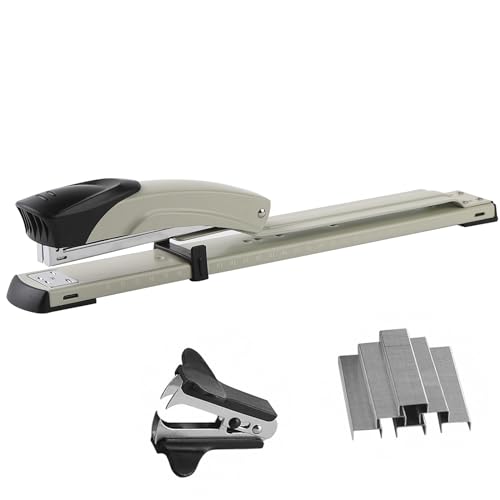 Craftinova Long Reach Staplerwith 2000 Staples Stapler Remover Full Strip2025 Sheet Capacitywith Builtin Ruler and Adjustable Locking Paper Guide Gray