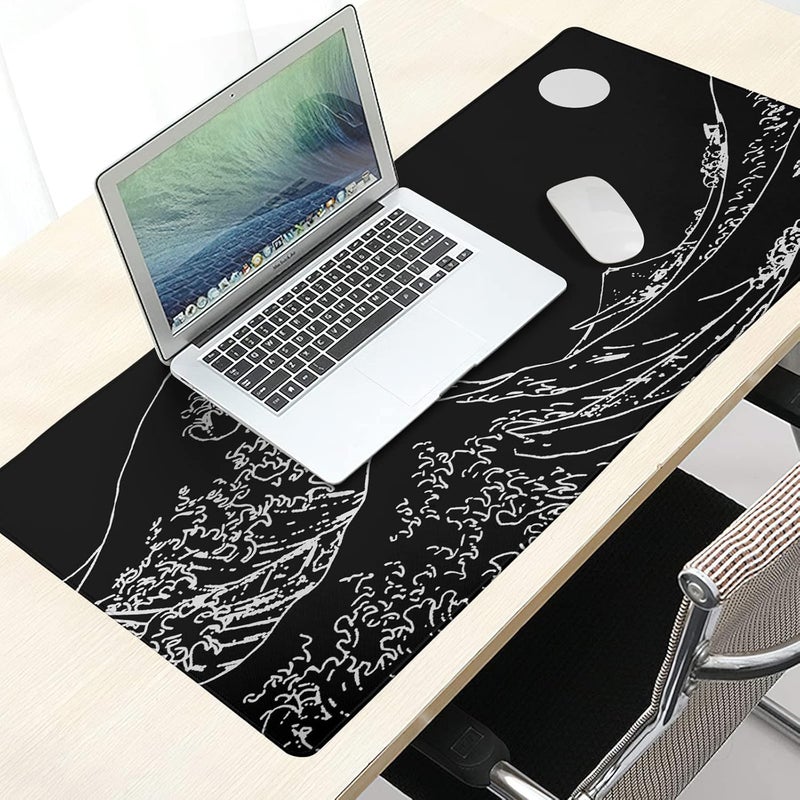 Granbey Black and White Japanese Sea Wave Mouse Pad,Extended Large Gaming Mouse Pads 31.5x11.8 in,Japanese Kanagawa Desk Mat,Laptop Mousepad Non-Slip Rubber MousePads for Office Home Travel - Image 3