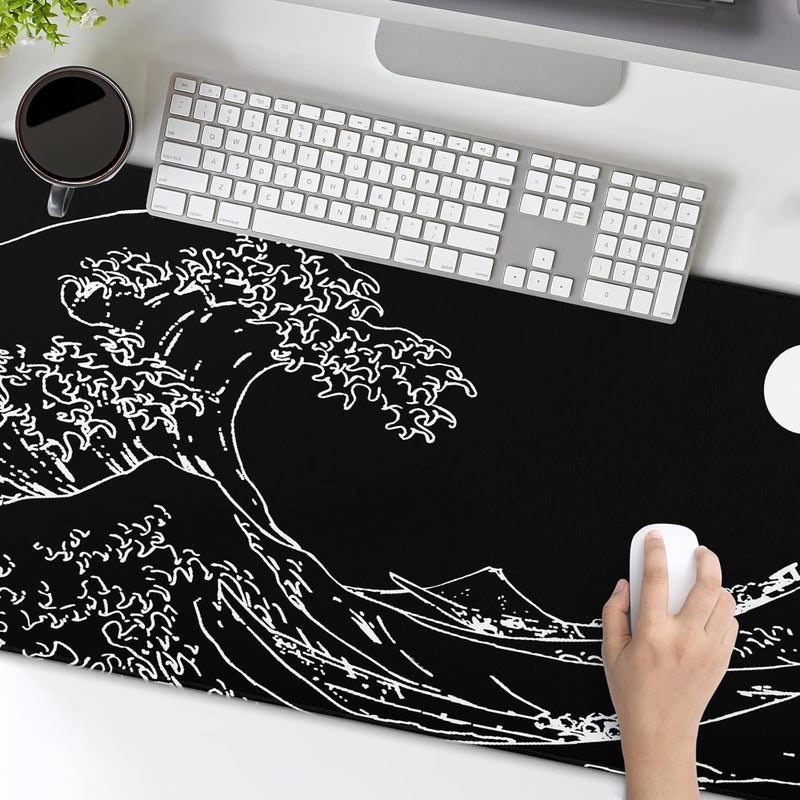 Granbey Black and White Japanese Sea Wave Mouse Pad,Extended Large Gaming Mouse Pads 31.5x11.8 in,Japanese Kanagawa Desk Mat,Laptop Mousepad Non-Slip Rubber MousePads for Office Home Travel - Image 4