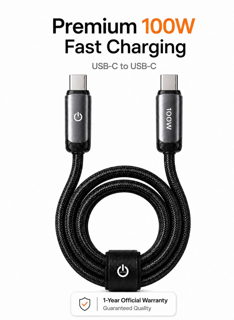 كابل USB-C إلى USB-C عالي الجودة بقدرة 100 وات للشحن السريع، طول 1 متر، نايلون مضفر شديد التحمل، مزود بشريحة ذكية وأطراف من سبائك الألومنيوم مع ضمان سنة - أسود - Image 1