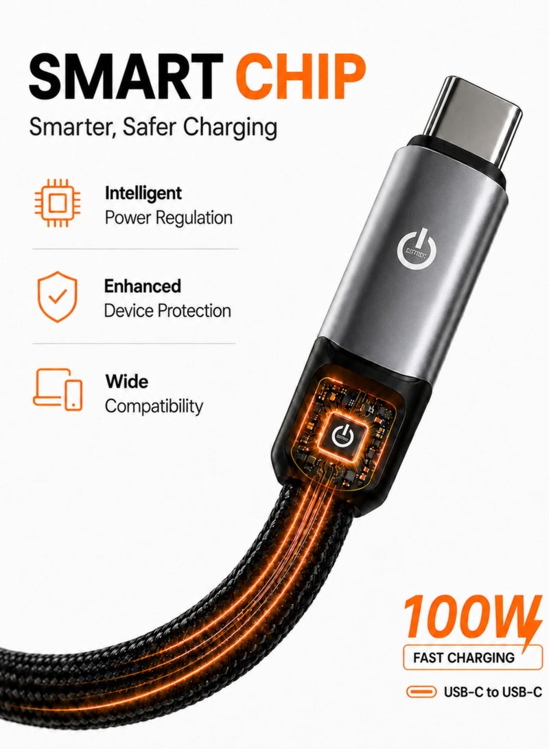كابل USB-C إلى USB-C عالي الجودة بقدرة 100 وات للشحن السريع، طول 1 متر، نايلون مضفر شديد التحمل، مزود بشريحة ذكية وأطراف من سبائك الألومنيوم مع ضمان سنة - أسود - Image 2