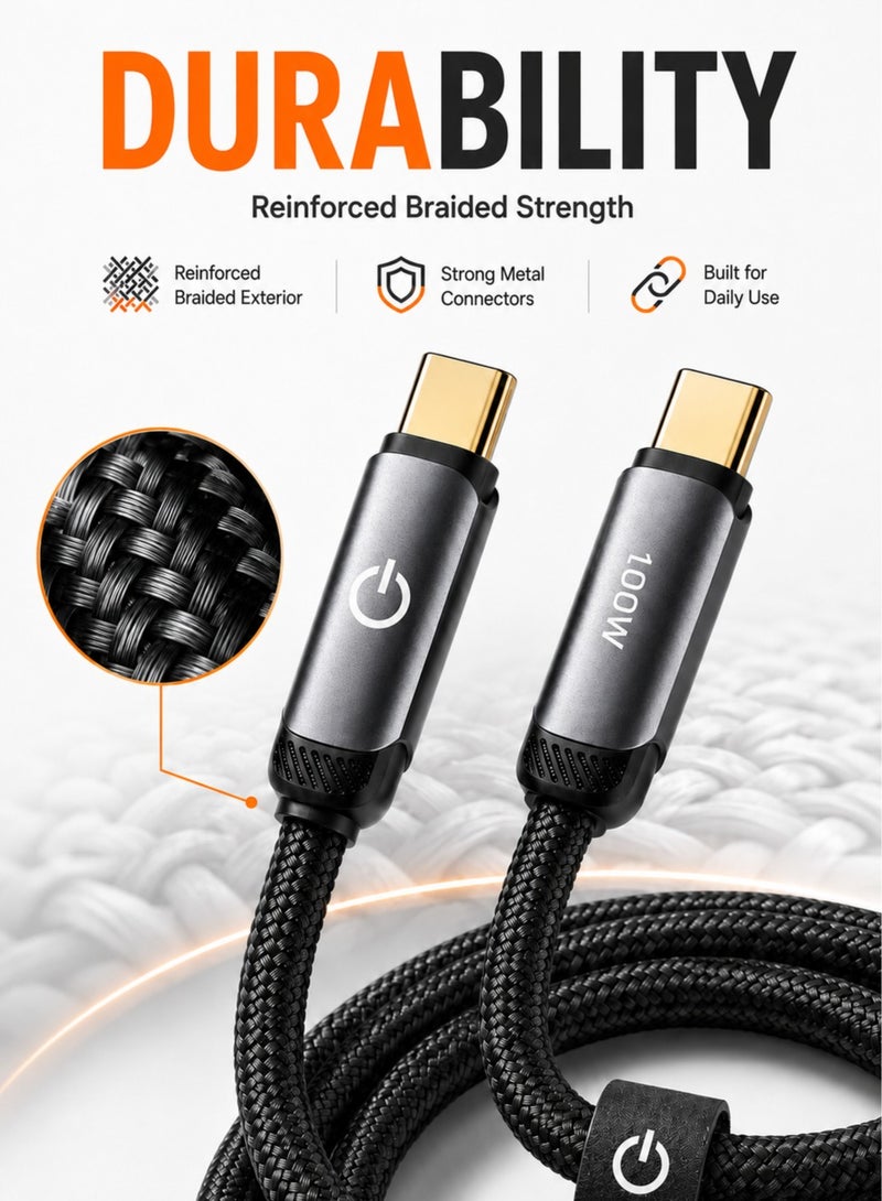 كابل USB-C إلى USB-C عالي الجودة بقدرة 100 وات للشحن السريع، طول 1 متر، نايلون مضفر شديد التحمل، مزود بشريحة ذكية وأطراف من سبائك الألومنيوم مع ضمان سنة - أسود - Image 3