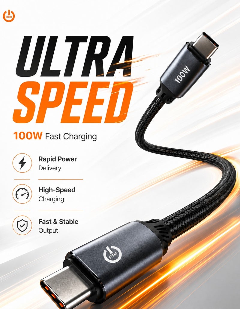 كابل USB-C إلى USB-C عالي الجودة بقدرة 100 وات للشحن السريع، طول 1 متر، نايلون مضفر شديد التحمل، مزود بشريحة ذكية وأطراف من سبائك الألومنيوم مع ضمان سنة - أسود - Image 4