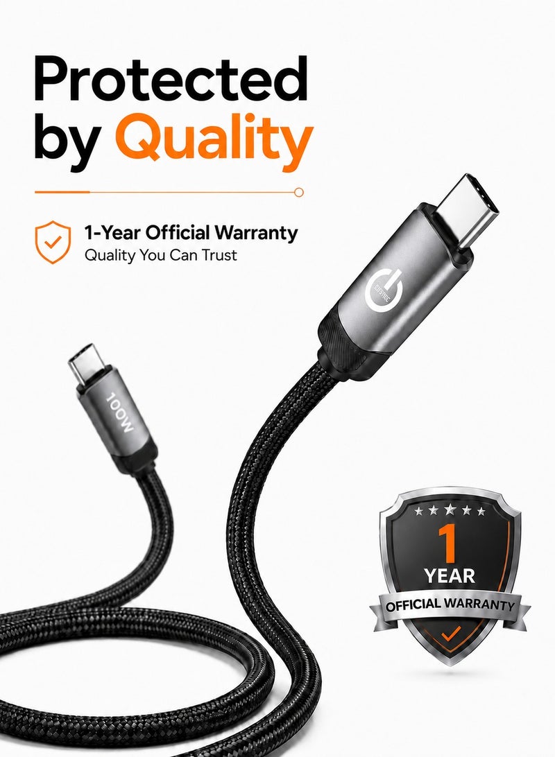 كابل USB-C إلى USB-C عالي الجودة بقدرة 100 وات للشحن السريع، طول 1 متر، نايلون مضفر شديد التحمل، مزود بشريحة ذكية وأطراف من سبائك الألومنيوم مع ضمان سنة - أسود - Image 5