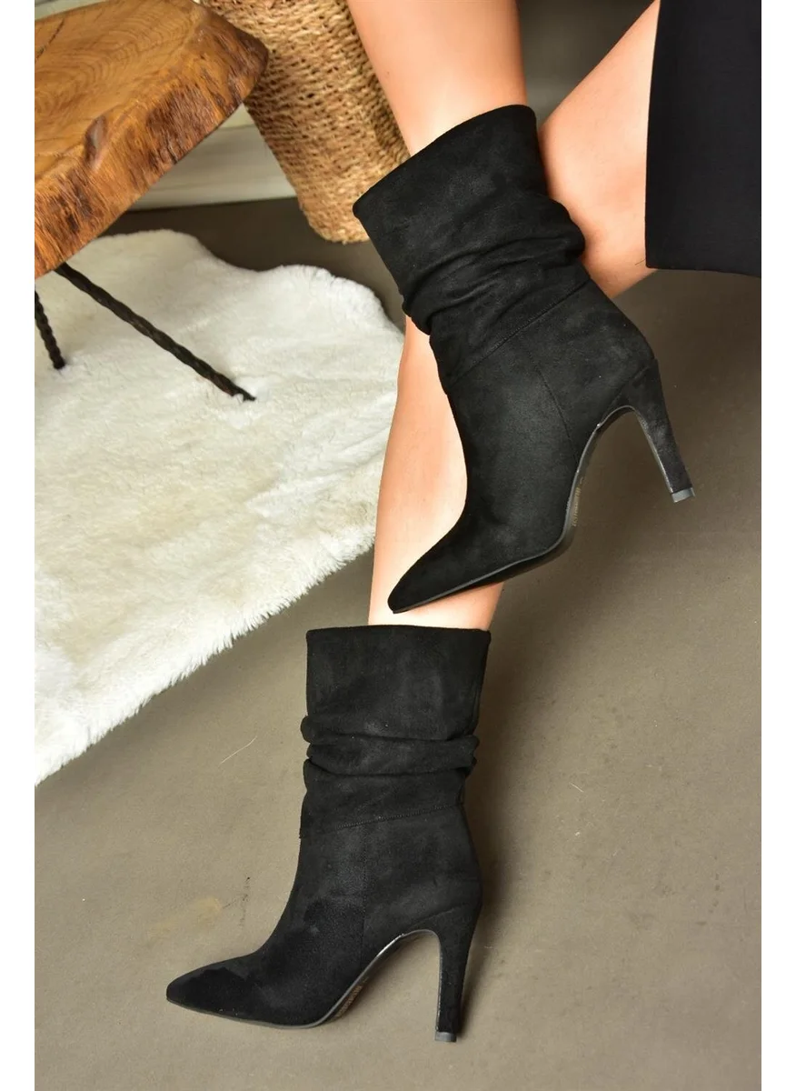 Fox Shoes R404020302 Black Suede Thin Heeled Gathered Women's Boots