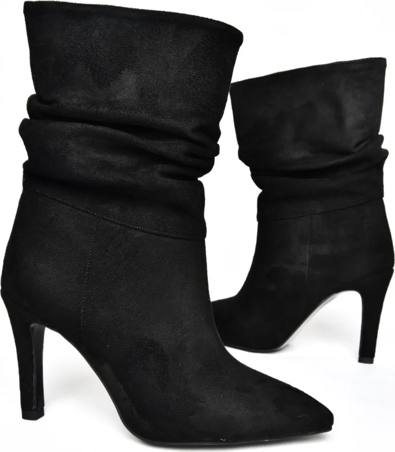 فوكس شوز R404020302 Black Suede Thin Heeled Gathered Women's Boots