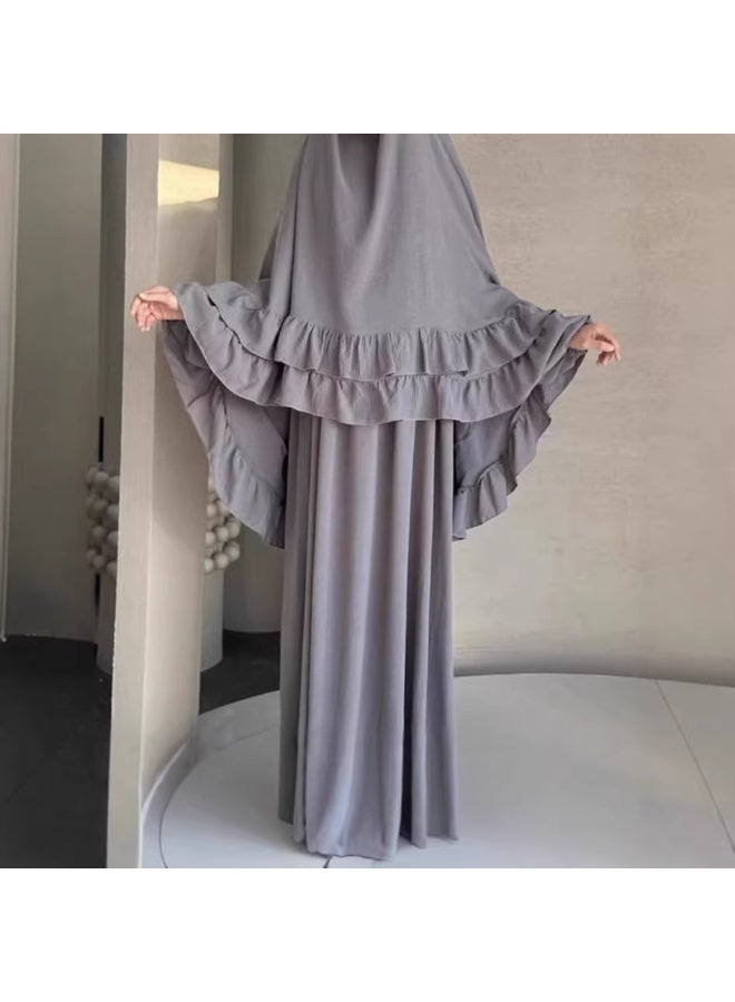 مجموعة رداء مسلم طويل بقصّة الأكمام المخططة وشال الرأس، ارتداء أنيق وعفوي للاستجابة، تشمل التنورة والشال - Image 1
