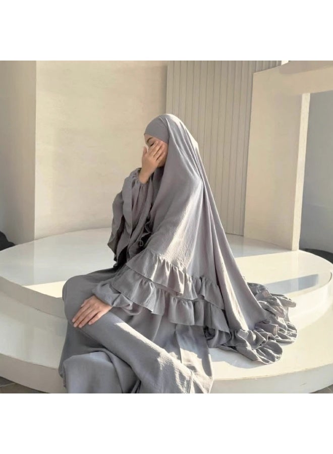 مجموعة رداء مسلم طويل بقصّة الأكمام المخططة وشال الرأس، ارتداء أنيق وعفوي للاستجابة، تشمل التنورة والشال - Image 3