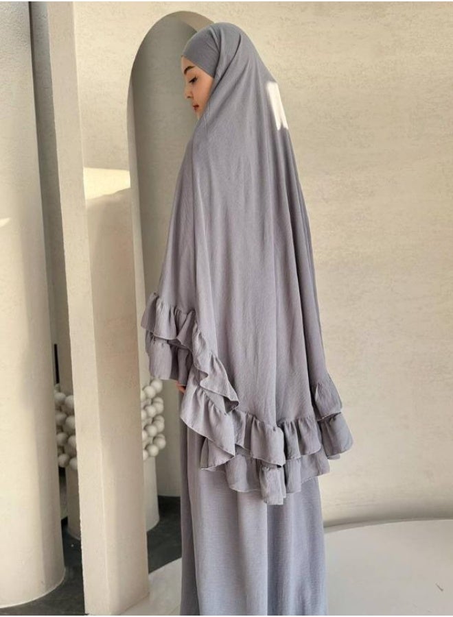 مجموعة رداء مسلم طويل بقصّة الأكمام المخططة وشال الرأس، ارتداء أنيق وعفوي للاستجابة، تشمل التنورة والشال - Image 4