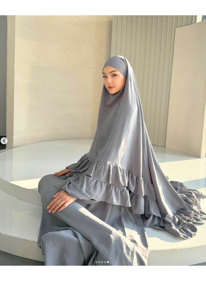 مجموعة رداء مسلم طويل بقصّة الأكمام المخططة وشال الرأس، ارتداء أنيق وعفوي للاستجابة، تشمل التنورة والشال - Image 2
