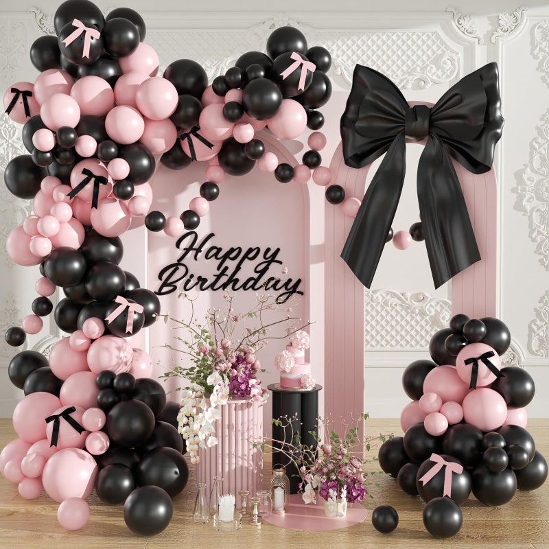 LANGASQUE Black and Pink Balloon Arch Kit, Pink Black Balloons with Bows for Teen Girl Wedding Bridal Shower Coquette Birthday Party Decorations - Image 1