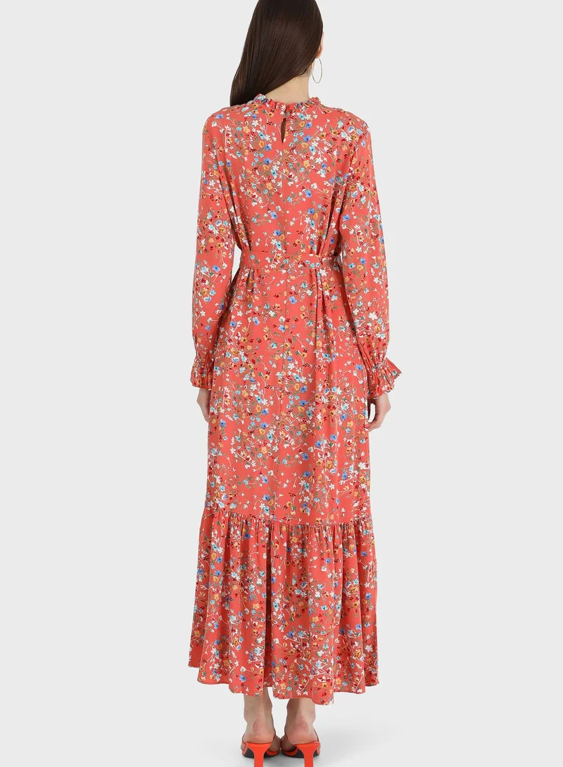 Tavin by Modanisa Belt Detail Floral Print Pleated Hem Dress