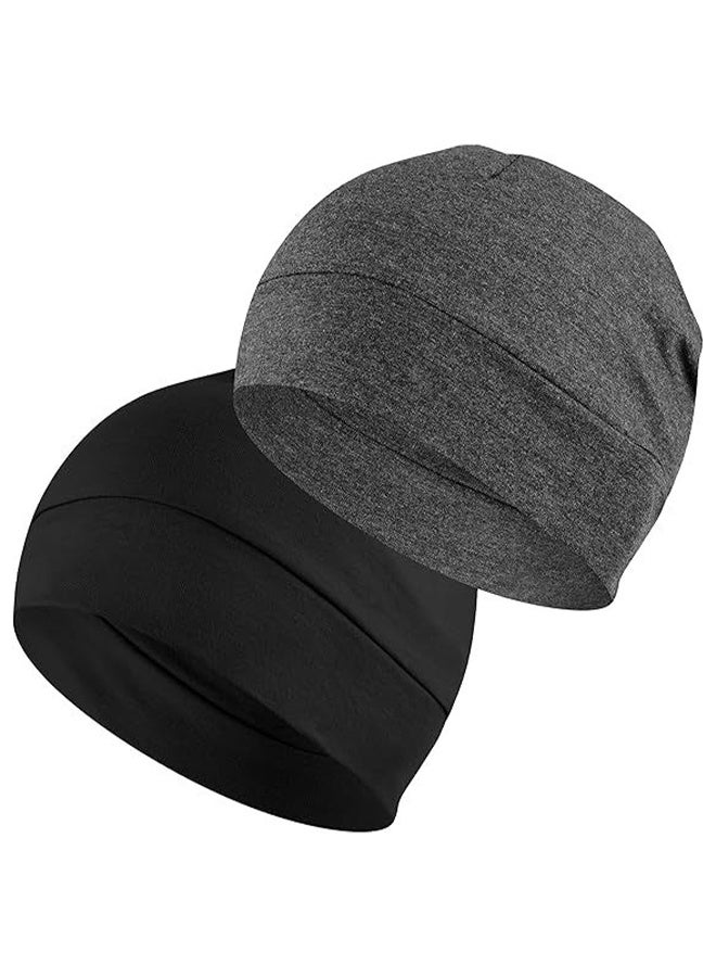 HS 2-Packs Cotton Skull Caps For Men Women, Lightweight Beanie Sleep Hats Breathable, Sweat-Absorbent Cycling And Running Caps And Chemo Hair Loss (Black & Grey) - Image 1