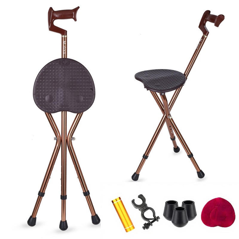 BSROZKI Folding Canes with SeatSturdy Lightweight 400lbs Capacity Walking Stick Height Adjustment Cane Chair Crutches Stool with LED Light and Cushion for Elderly