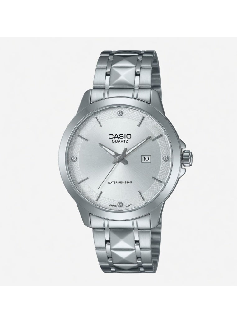 Casio Men's Analog Watch - Silver Dial with Crystal Accents, Textured Stainless Steel Band - MTP-V004D-7C