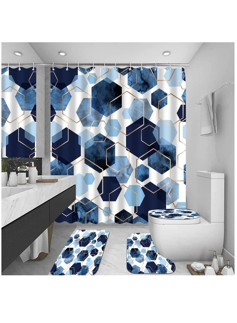 SOLARAE Shower Curtain Set 4Pcs Sky Blue Geometric Shower Curtain Set with Navy Blue Abstract Art 12 Hooks Bath Mat and Rugs Shower Curtain for Bathroom - Image 2
