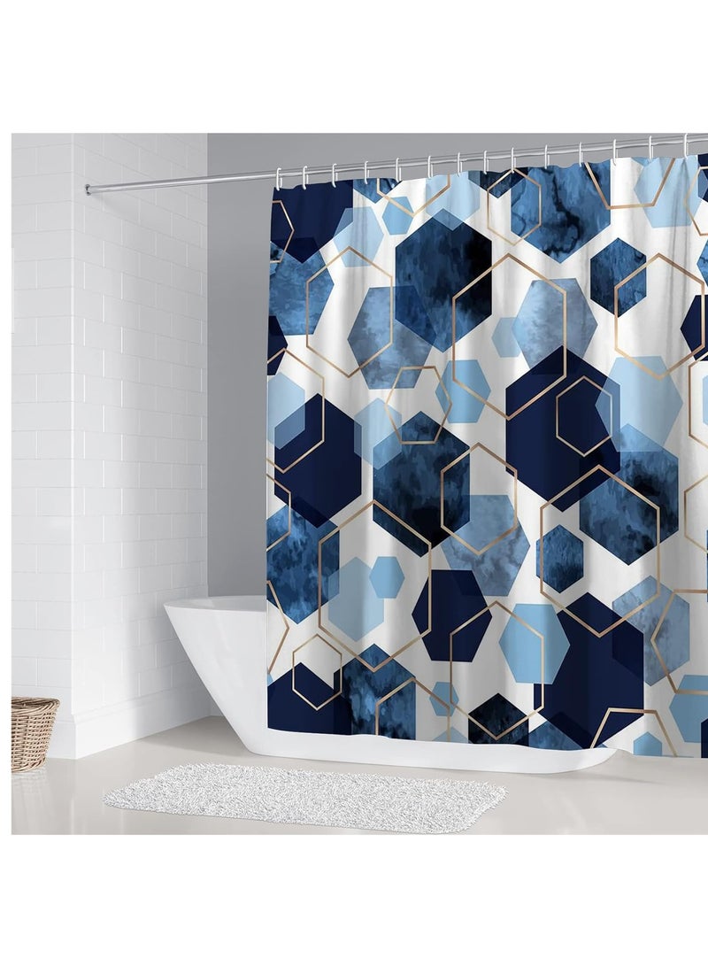 SOLARAE Shower Curtain Set 4Pcs Sky Blue Geometric Shower Curtain Set with Navy Blue Abstract Art 12 Hooks Bath Mat and Rugs Shower Curtain for Bathroom - Image 3