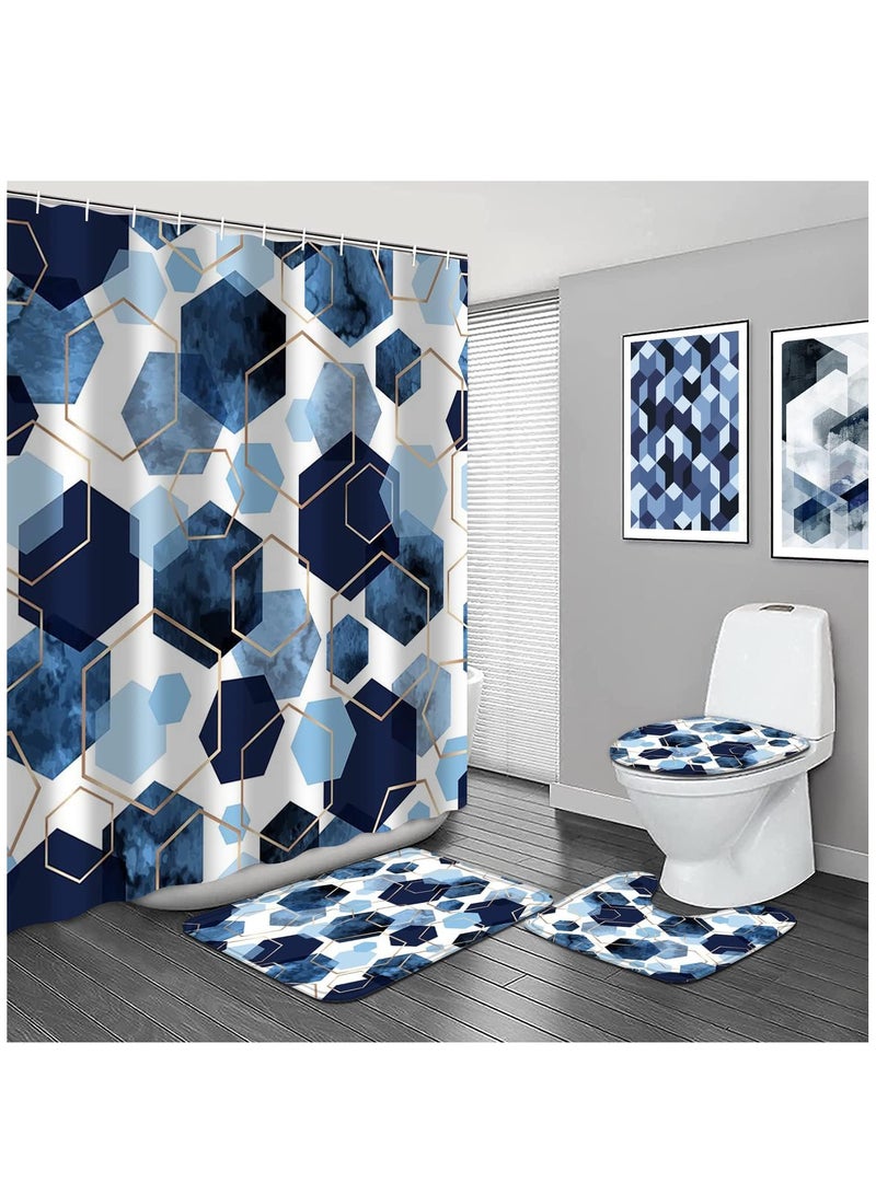 SOLARAE Shower Curtain Set 4Pcs Sky Blue Geometric Shower Curtain Set with Navy Blue Abstract Art 12 Hooks Bath Mat and Rugs Shower Curtain for Bathroom - Image 1