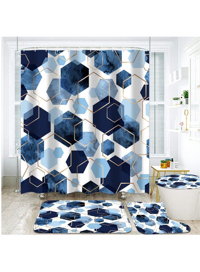 SOLARAE Shower Curtain Set 4Pcs Sky Blue Geometric Shower Curtain Set with Navy Blue Abstract Art 12 Hooks Bath Mat and Rugs Shower Curtain for Bathroom - Image 4