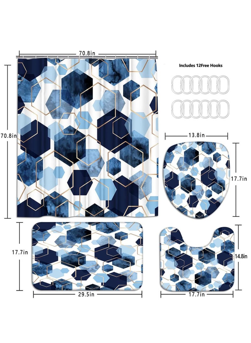 SOLARAE Shower Curtain Set 4Pcs Sky Blue Geometric Shower Curtain Set with Navy Blue Abstract Art 12 Hooks Bath Mat and Rugs Shower Curtain for Bathroom - Image 5