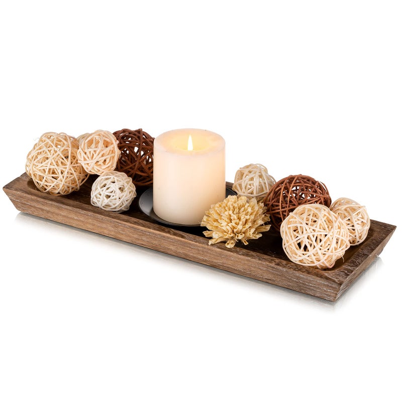 Hanobe Wooden Tray for Candle Decorative Wood Rustic Long Centerpiece Trays Rectangle Narrow Farmhouse Decor for Dining Coffee Table Kitchen Fireplace Mantle