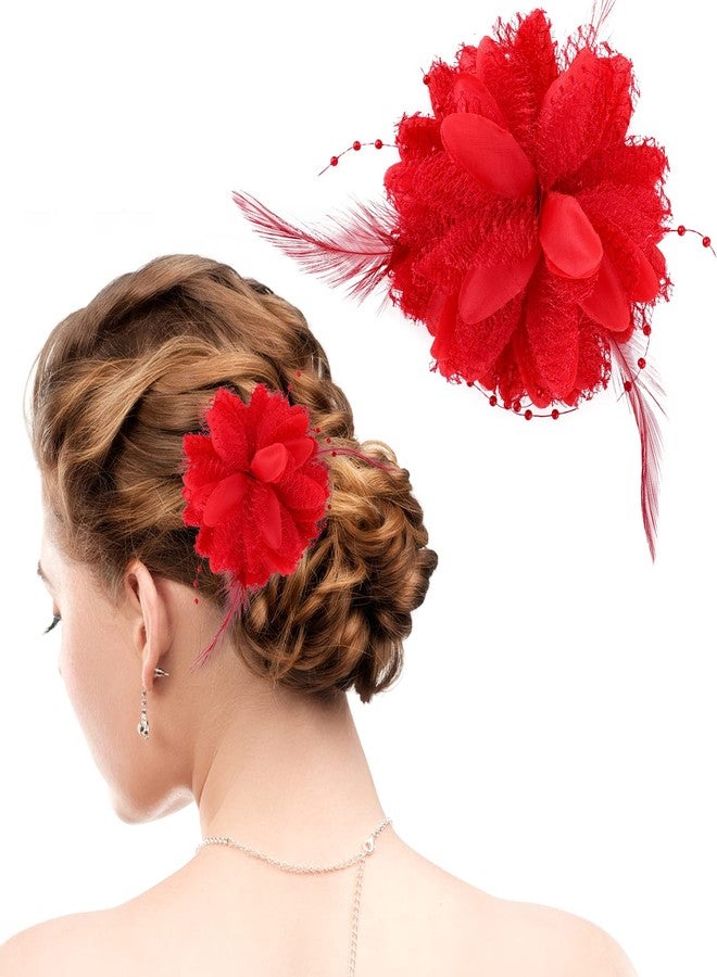 Sibba Flower Hats Clips Hairpin Barrettes Rose Hair Dress Accessories Valentines Day Easter Headwear Headpiece Accessory Pin Floral Feather Women Girls Dresses For Travel Wedding Prom Party (Red) - Image 2