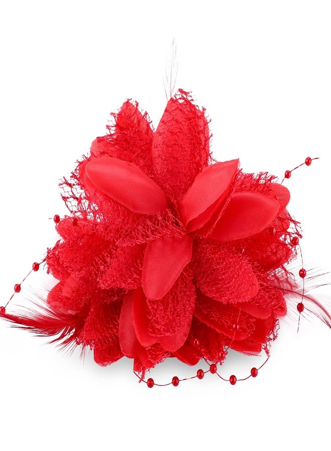 Sibba Flower Hats Clips Hairpin Barrettes Rose Hair Dress Accessories Valentines Day Easter Headwear Headpiece Accessory Pin Floral Feather Women Girls Dresses For Travel Wedding Prom Party (Red) - Image 1