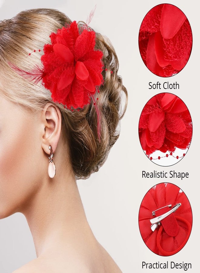 Sibba Flower Hats Clips Hairpin Barrettes Rose Hair Dress Accessories Valentines Day Easter Headwear Headpiece Accessory Pin Floral Feather Women Girls Dresses For Travel Wedding Prom Party (Red) - Image 4