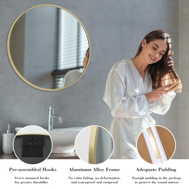 NEWBULIG Gold Round Wall Mirror 30 Inch, Bathroom Mirrors for Over Sink, Wall Decor for Bathroom, Entryway, Bedroom, Vanity - Image 4