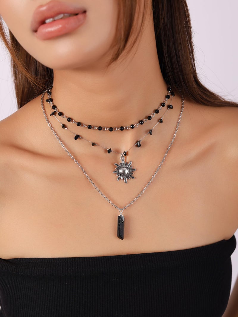 Sacina Gothic Layered Black Crystal Sun Necklace, Boho Hippie Summer Beach Necklace, Boho Hippie Jewelry, Christmas Jewelry Gift for Women - Image 2
