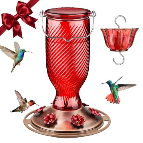 Kingsyard Glass Hummingbird Feeders for Outdoors 24 oz Hummingbird Nectar Feeder for Garden Decorations with 6 Feeding Ports Ant Moat Included Gifts for Women Mom Easy to Clean Refill Red - Image 1