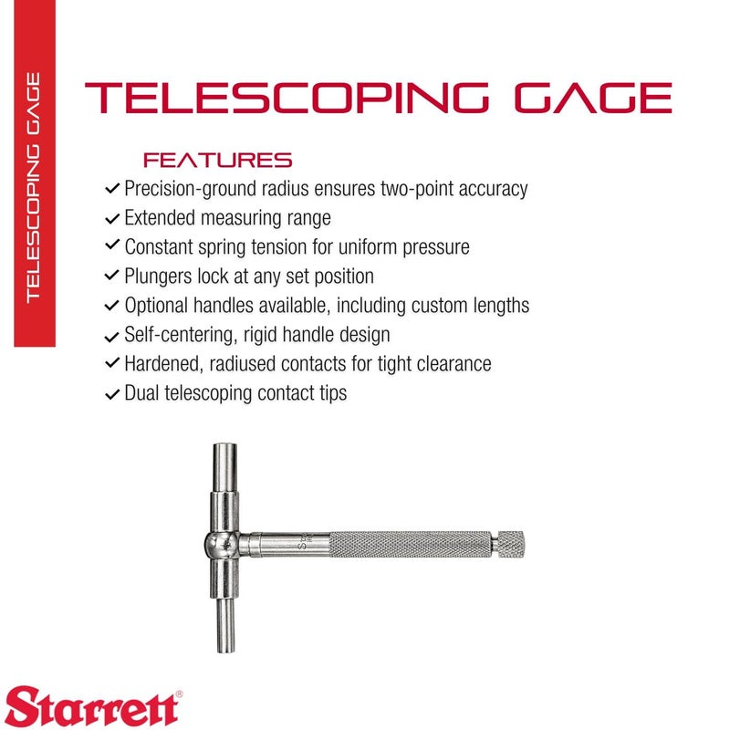 Starrett Telescoping Gage, Self-Centering with Two Arms - Ideal for Determining True Size of Holes, Slots and Recesses - 1-1/4" - 2-1/8" Range, 2-3/8" Handle Length - 579D - Image 2