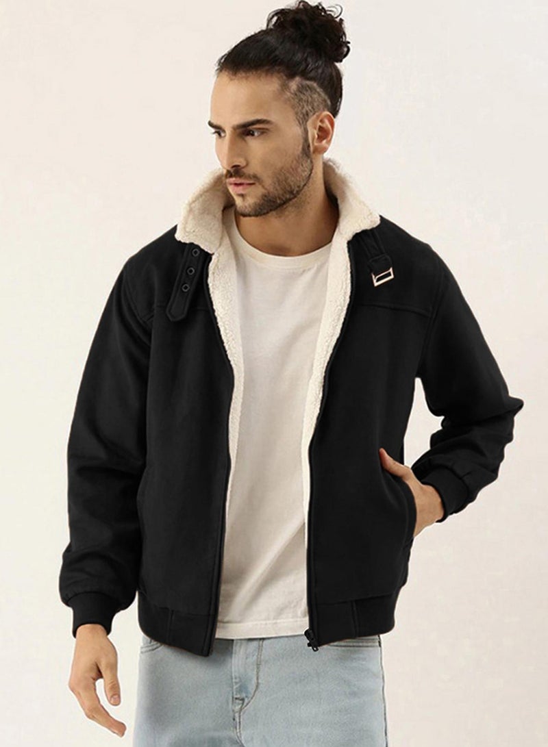 كامبوس سوترا Men's Obsidian Black Fur-Lined Suede Bomber Jacket  - Image 2