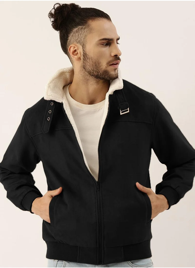 Campus Sutra Men's Obsidian Black Fur-Lined Suede Bomber Jacket