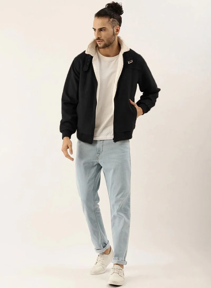 Campus Sutra Men's Obsidian Black Fur-Lined Suede Bomber Jacket