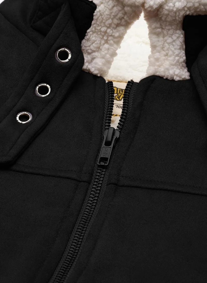 Campus Sutra Men's Obsidian Black Fur-Lined Suede Bomber Jacket
