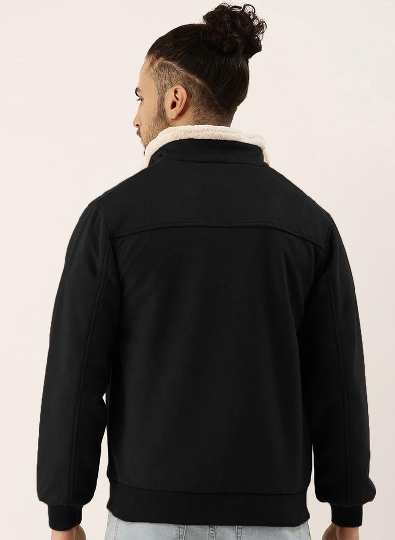 كامبوس سوترا Men's Obsidian Black Fur-Lined Suede Bomber Jacket  - Image 5