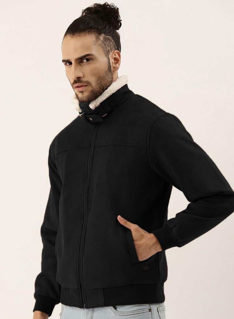 كامبوس سوترا Men's Obsidian Black Fur-Lined Suede Bomber Jacket  - Image 3