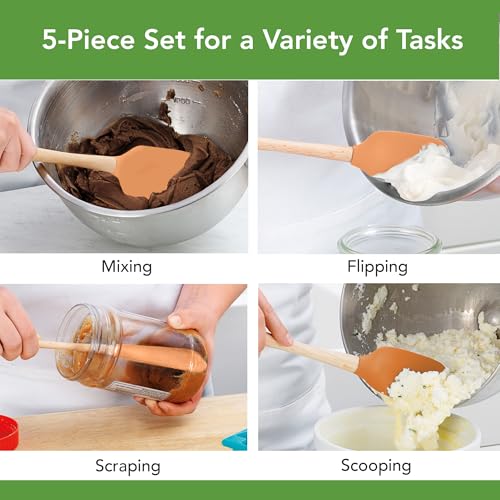 Tovolo Silicone Spatula with Wooden Handle Set of 5 Piece Silicone Kitchen Utensil Set Spoonula Jar Scraper Mini Spatula and Spoonula for Cooking Baking Mixing Folding Apricot Orange Cookware - Image 3