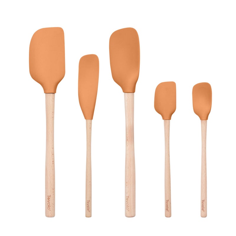 Tovolo Silicone Spatula with Wooden Handle Set of 5 Piece Silicone Kitchen Utensil Set Spoonula Jar Scraper Mini Spatula and Spoonula for Cooking Baking Mixing Folding Apricot Orange Cookware - Image 2