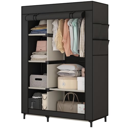 Calmootey Portable Closet Organizers, Clothing Storage, Wardrobe with 6 Shelves and Hanging Rod, Non-Woven Fabric Cover with 4 Side Pockets, Black - Image 2